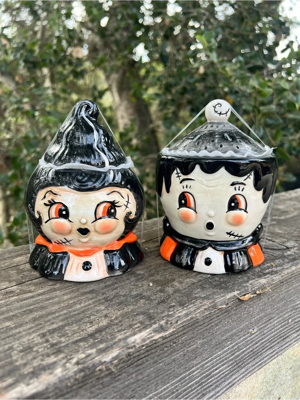 JOHANNA PARKER FRANKENSTEIN AND BRIDE OF FRANKENSTEIN FIGURAL BOWL SET WITH LIDS